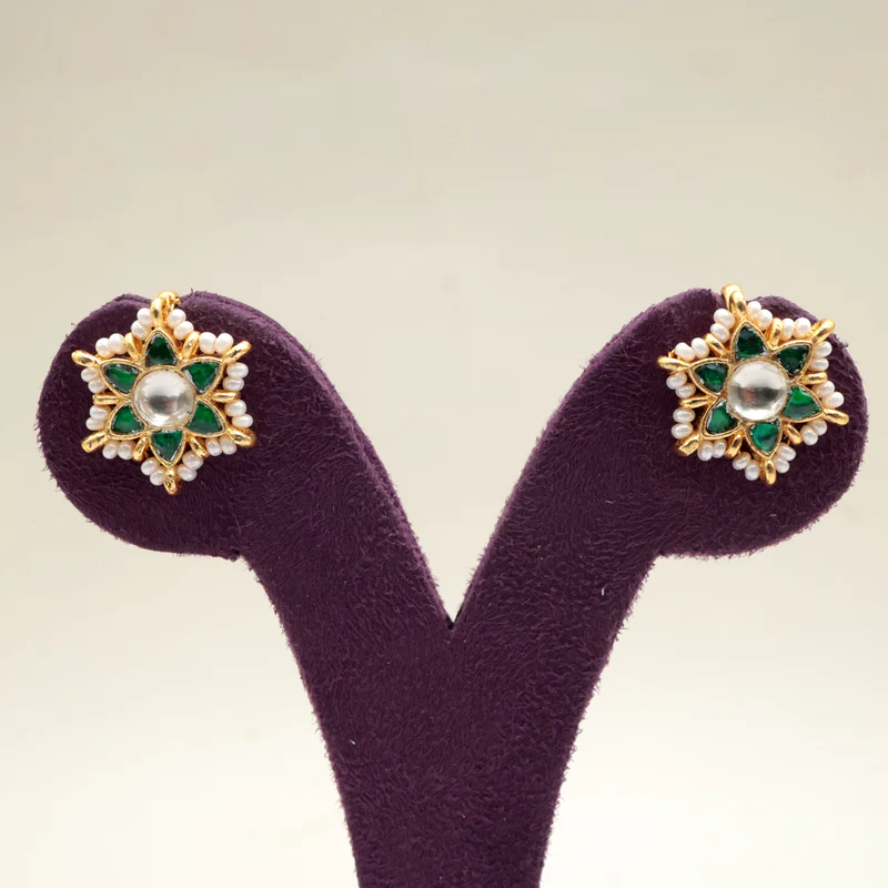 Premium Pachi Kundan Star Flower Koppu Earrings - Green